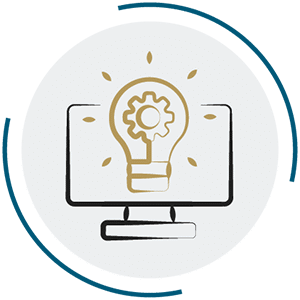 Blue and gold circular icon showing a computer monitor with a glowing lightbulb and gear symbol representing advanced dental technology.