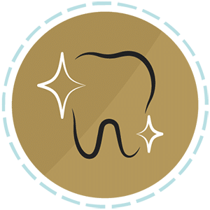 Gold circular icon of a tooth with sparkle symbols representing cosmetic dentistry and smile enhancement.
