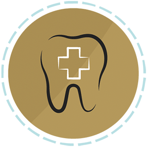 Gold circular icon of a tooth outline with a medical cross symbol representing general dentistry.