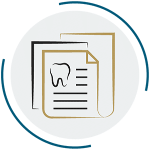 Blue and gold circular icon of dental documents with a tooth graphic symbolizing patient education and communication.