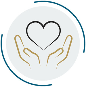 Blue and gold circular icon of two open hands holding a heart, symbolizing personalized and compassionate dental care.