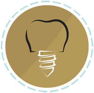 Gold circular icon of a tooth with an implant screw base representing restorative dentistry and dental implants.