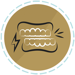 Gold circular icon showing upper and lower teeth with a lightning bolt symbol representing tmj and bite disorder treatment.