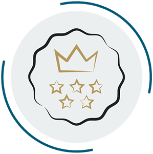 Gold and black circular badge icon featuring a crown above five stars, symbolizing premium vip dental care.
