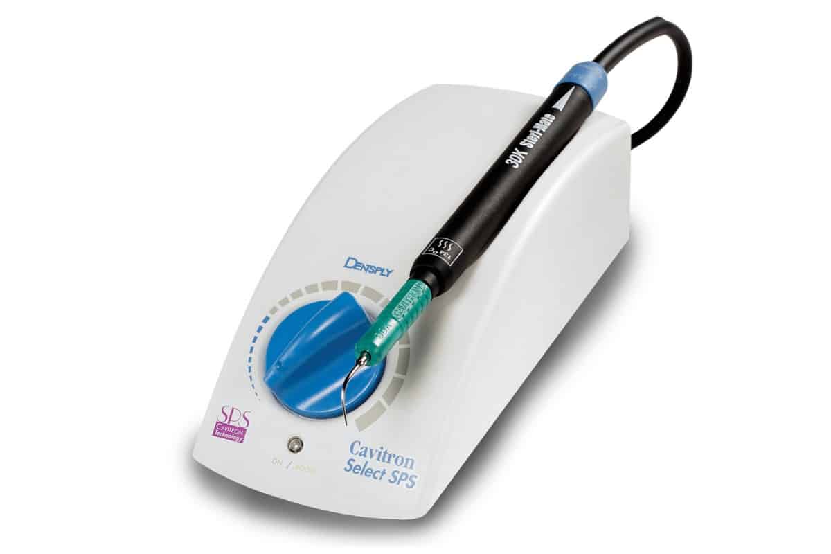 Cavitron Select SPS ultrasonic scaling system by Dentsply with handpiece attached, used for comfortable and effective dental cleanings.